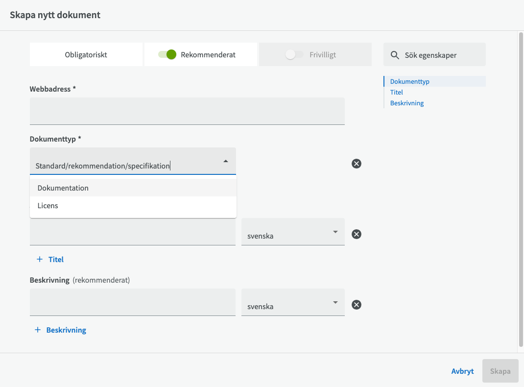 Inmatningsfält för att skapa ett nytt dokument