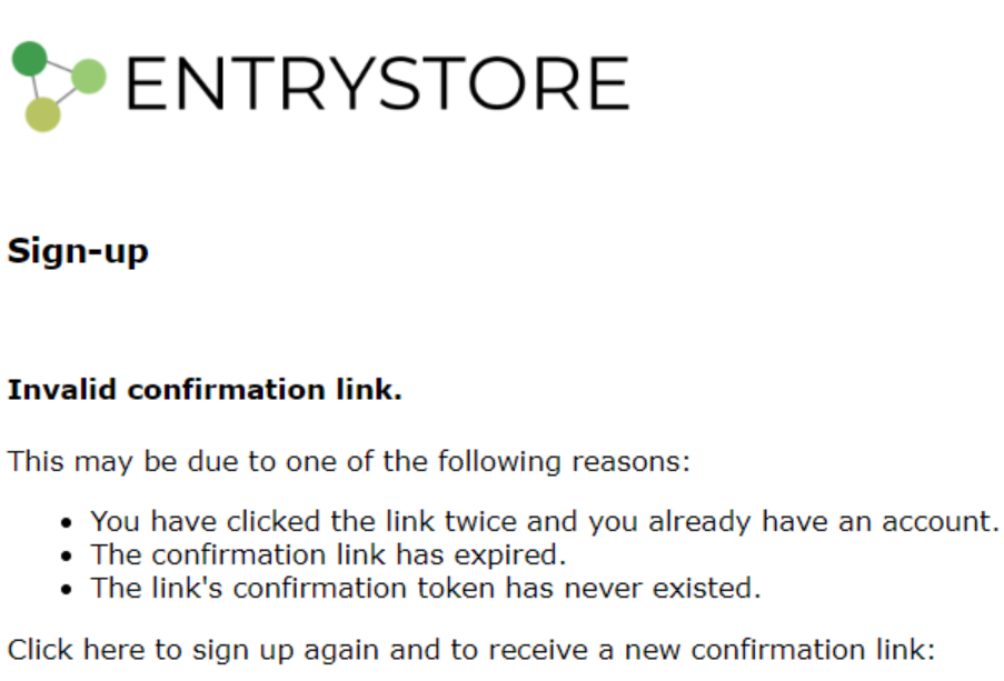 Skärmdump ogiltig bekräftelselänk