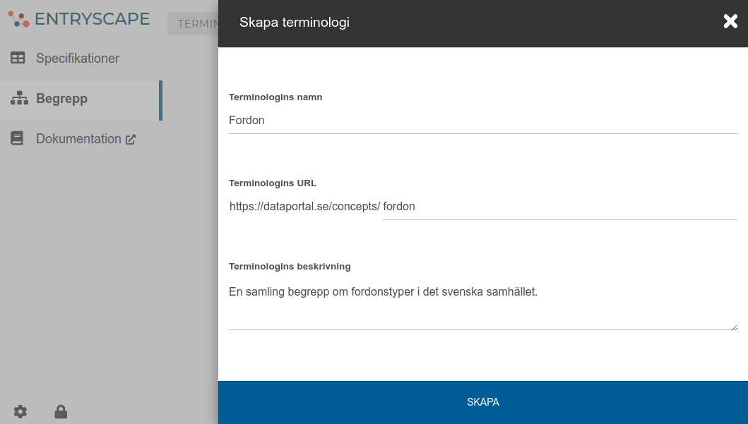 Skärmdump av skapa terminologi knappen